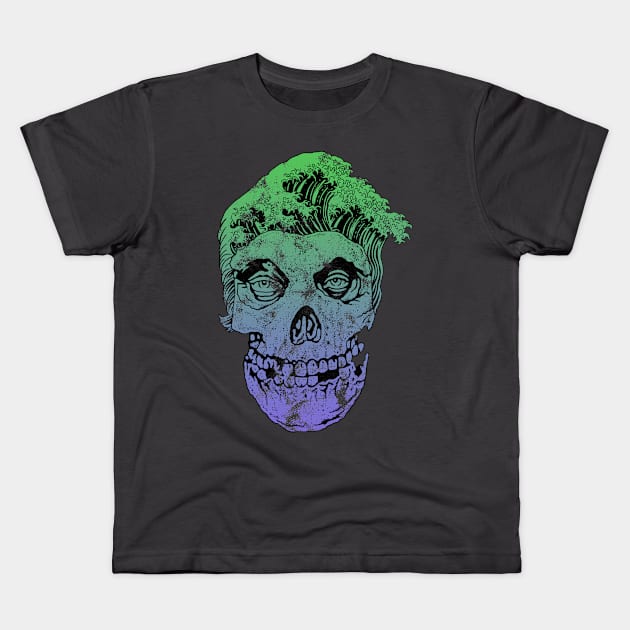 Skull Head Waves Green Purple Kids T-Shirt by FUMANTO